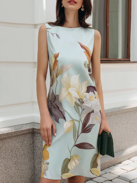 

Elegant Floral Printing Crew Neck Knee Length Dress, As picture, Midi Dresses