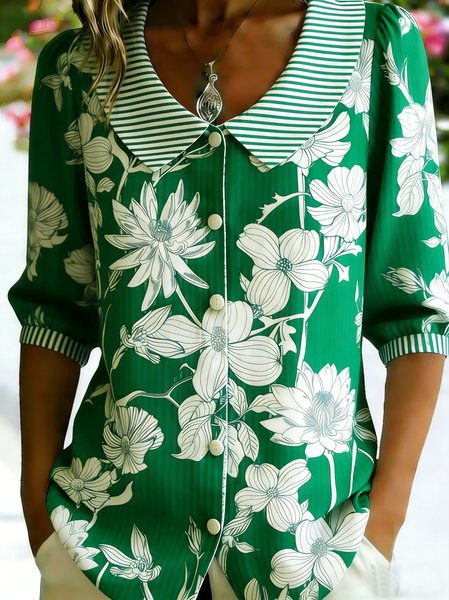 

Shawl Collar Half Sleeve Striped Regular Loose Shirt For Women, Green, Shirts