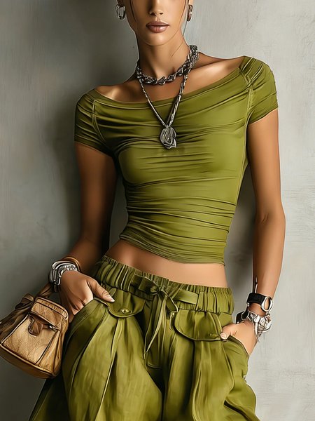 

Casual Plain Boat Neck T-shirt, Green, Tees