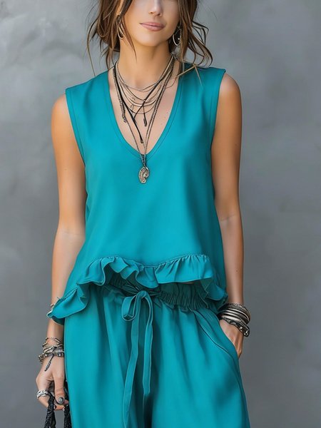 

Urban Plain Peplum V Neck Tank Top, As picture, Tanks and Camis