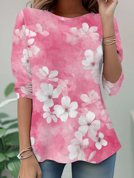 

Women Floral Long Sleeve Tee T-shirt Crew Neck Casual Tunic Spring/Fall Top, Pink, T-Shirts