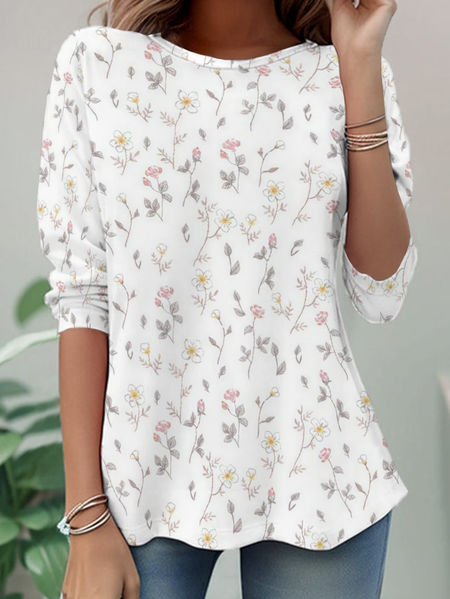

Casual Floral Crew Neck Long Sleeve T-shirt, White, T-shirts