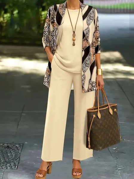 

Women Striped Matching Outfit Daily Long Sleeve Elegant Spring/Fall Top With Pants Matching Set, Apricot, Sets