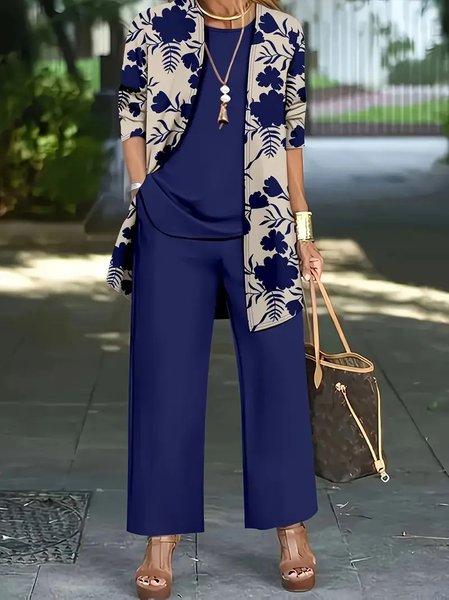 

Women Floral Matching Outfit Daily Long Sleeve Elegant Spring/Fall Top With Pants Matching Set, Blue, Sets
