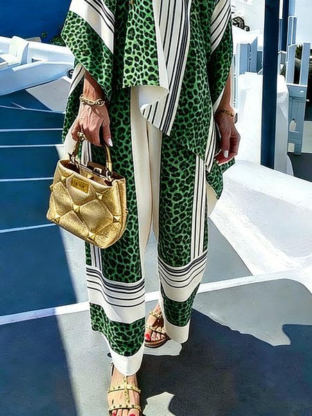 

Vacation Leopard Printing Wide Leg Pants, Green, Pants