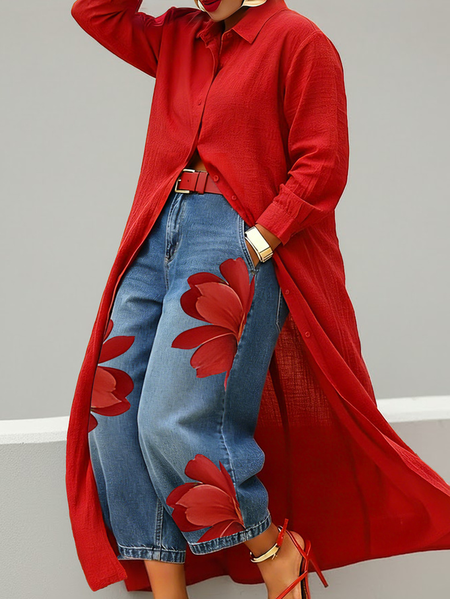 Plus Size Cotton Casual Plain Shawl Collar Shirt