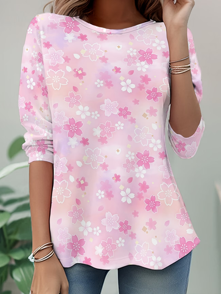 

Casual Floral Crew Neck Long Sleeve T-shirt, Pink, T-shirts