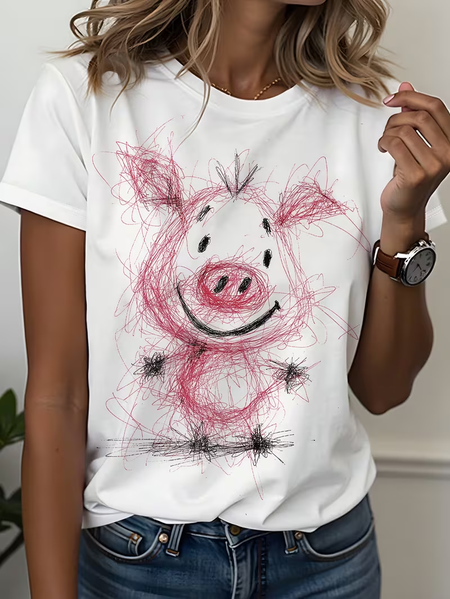 

Casual Animal Crew Neck Short Sleeve T-shirt, White, T-shirts