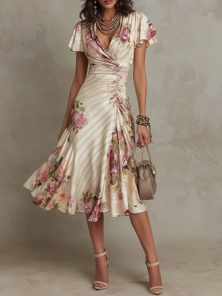 

Elegant Floral Printing Gathered V Neck Midi Dress, As picture, Midi Dresses