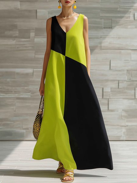 

Urban Color Block Printing V Neck Maxi Dress, Green, Maxi Dresses