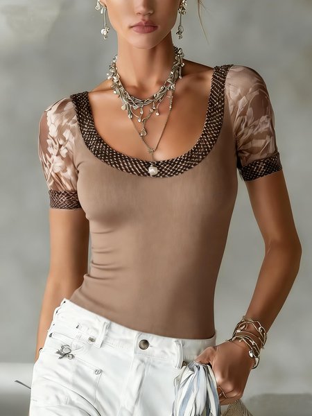 

Casual Random Print Printing U-Neck T-shirt, Light brown, Tees