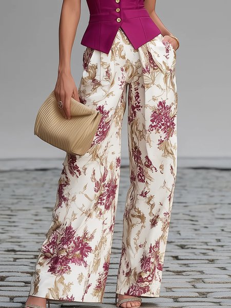 

Urban Floral Printing Straight Pants, As picture, Pants