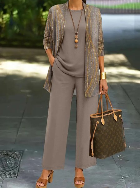 

Women Striped Matching Outfit Daily Long Sleeve Elegant Spring/Fall Top With Pants Matching Set, Light brown, Sets