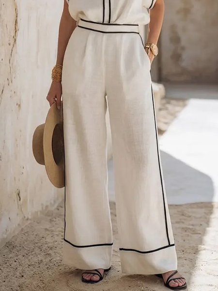 

Cotton And Linen Casual Plain Piping Straight Pants, White, Pants