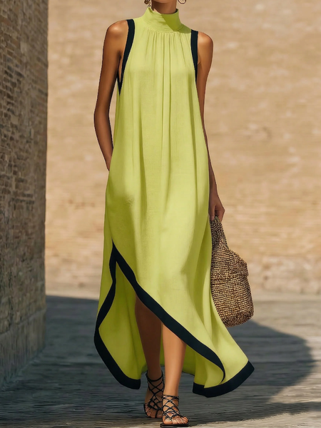 

Cotton And LInen Casual Color Block Stand Collar Maxi Dress, Green, Midi Dresses