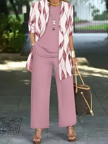 

Women Leaf Matching Outfit Daily Long Sleeve Elegant Spring/Fall Top With Pants Matching Set, Nudepink, Sets