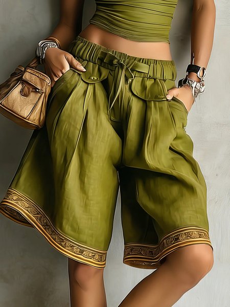 

Casual Plain Ethnic Printing Straight Shorts, Green, Shorts