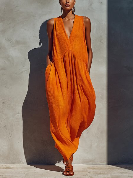 

Cotton And Linen Casual Plain V Neck Maxi Dress, Orange, Maxi Dresses