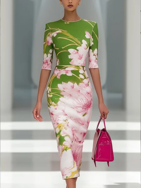 Plus Size Elegant Floral Printing Crew Neck Midi Dress