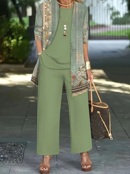 

Women Geometric Matching Outfit Daily Long Sleeve Elegant Spring/Fall Top With Pants Matching Set, Green, Sets