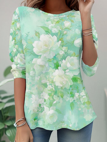 

Women Floral Long Sleeve Tee T-shirt Crew Neck Casual Tunic Spring/Fall Top, Green, T-Shirts