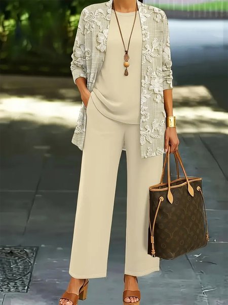 

Women Floral Matching Outfit Daily Long Sleeve Elegant Spring/Fall Top With Pants Matching Set, Oatmeal, Sets