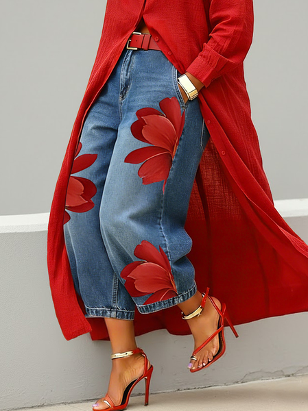 

Plus Size Zipper Denim Casual Floral Jeans With No Belt, Red, Plus Pants