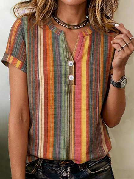 

Elegant Striped V Neck Short Sleeve T-shirt, As picture, T-shirts