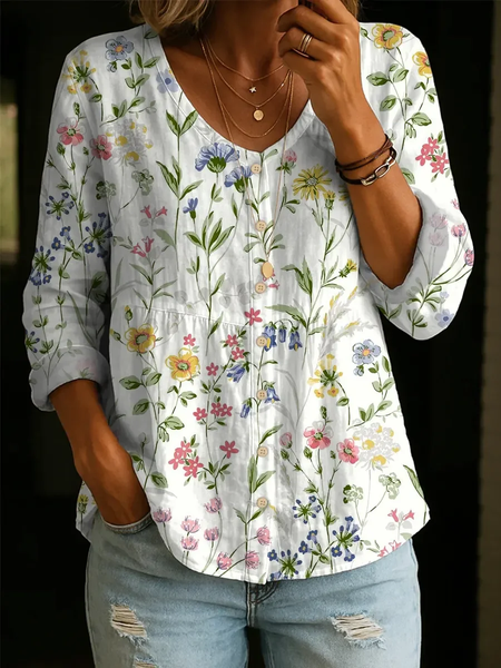 

Women Floral V Neck Long Sleeve Blouse Printing Casual Daily Spring/Fall Top, White, Blouses
