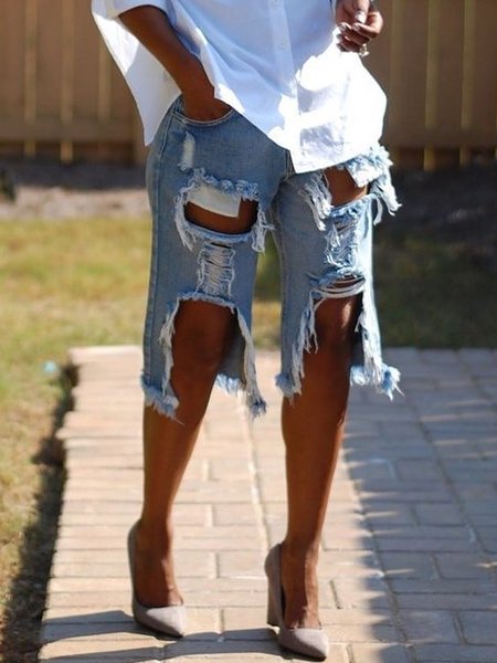 

Casual Ripped Plain Denim Shorts, Blue, Denim Shorts