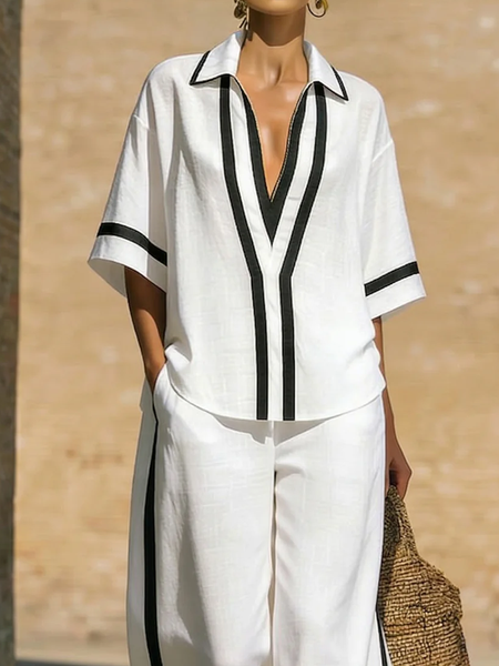 

Cotton And Linen Casual Color Block Shirt Collar Shirt, White, Blouses and Shirts