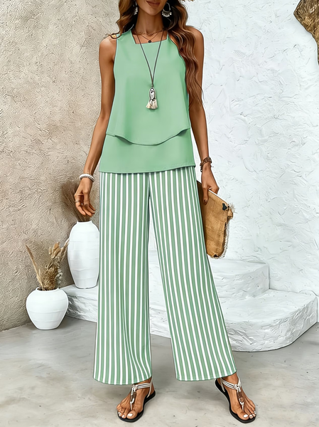 

Women Striped Printing Two-Piece Set Daily Sleeveless Casual Summer Top With Pants Matching Set, Green, Suit Set