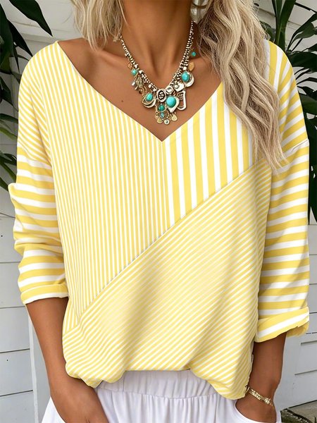 

Vintage Striped V Neck Long Sleeve T-shirt, Yellow, T-shirts