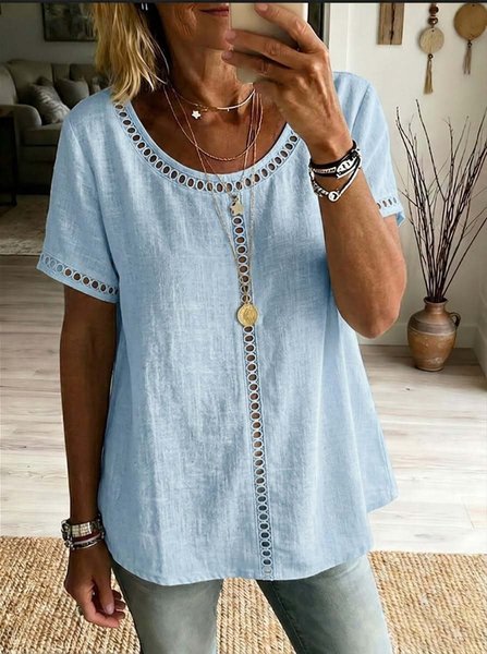 

Vintage Plain Crew Neck Short Sleeve T-shirt, Light blue, T-shirts