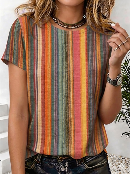 

Casual Striped Crew Neck Short Sleeve T-shirt, As picture, T-shirts