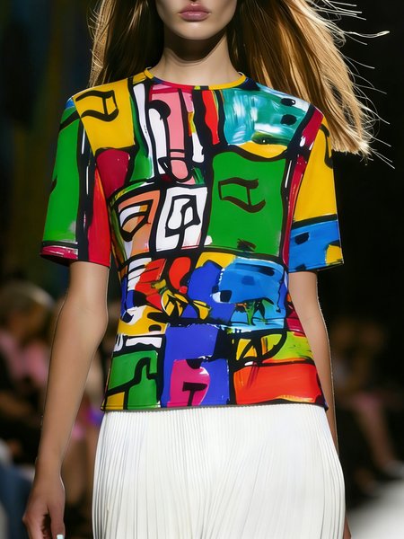 

Casual Random Print Printing Crew Neck T-shirt, As picture, Tees