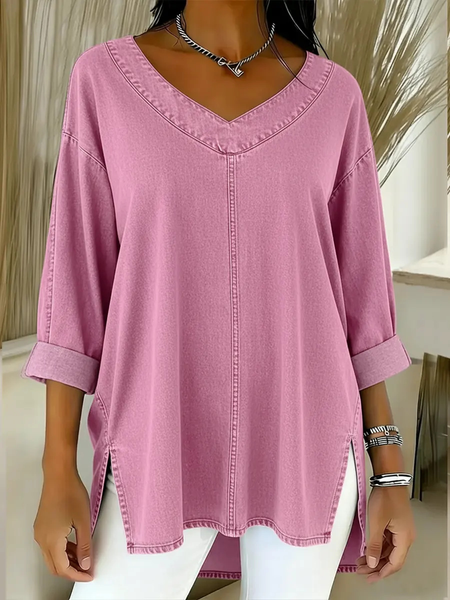 

Casual Plain V Neck Long Sleeve T-shirt, Pink, T-shirts