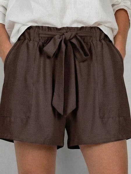 

Vintage Plain Natural Straight Pants Shorts, Brown, Shorts