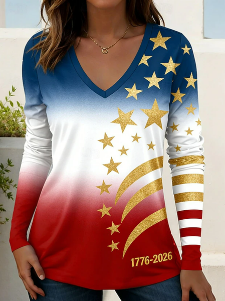 

Women Independence Day (Flag) Long Sleeve Tee T-shirt V Neck Printing Casual Graphic Tee Spring/Fall Top, As picture, T-Shirts