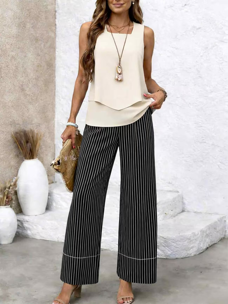 

Women Striped Printing Two-Piece Set Daily Sleeveless Casual Summer Top With Pants Matching Set, As picture, Suit Set