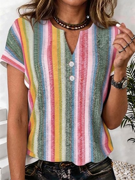 

Elegant Striped V Neck Short Sleeve T-shirt, As picture, T-shirts