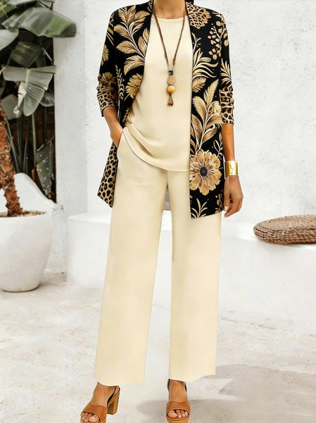 

Women Floral Matching Outfit Daily Long Sleeve Casual Spring/Fall Top With Pants Matching Set, Black, Sets