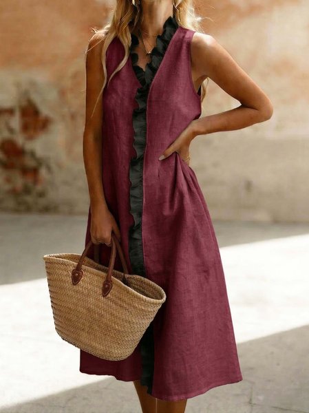 

Women Plain Summer Dress V Neck Sleeveless A-Line Dress, Wine red, Dresses