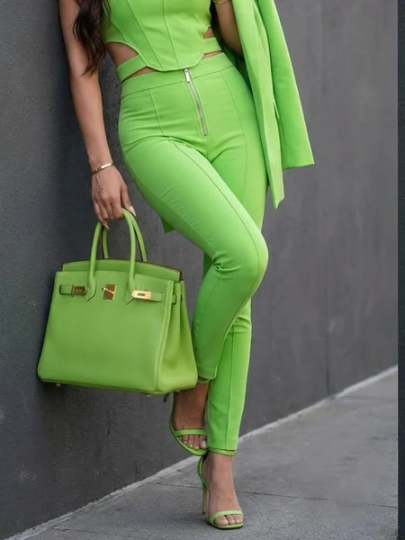 

Casual Plain Zipper Slim Fit Pants, Green, Pants