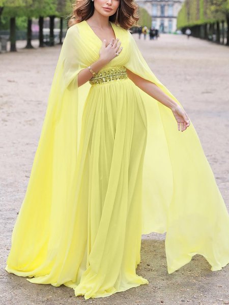 

Elegant Plain Rhinestone V Neck Maxi Party Dress, Yellow, Cocktail Dresses