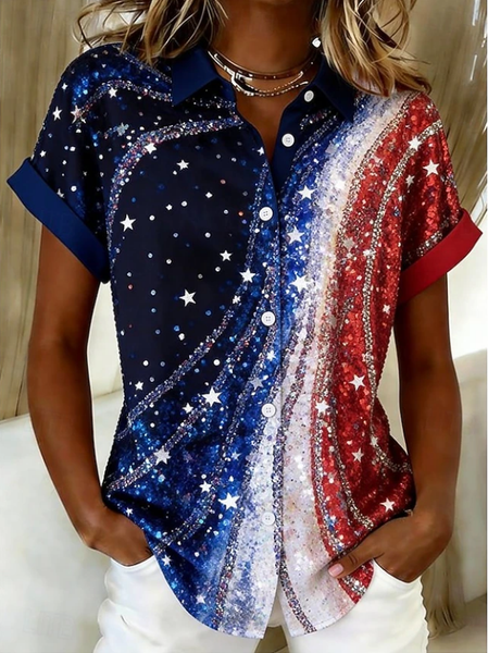 

Women Independence Day (Flag) Shirt Collar Short Sleeve Shirt Printing Casual Daily Summer Top, As picture, Shirts