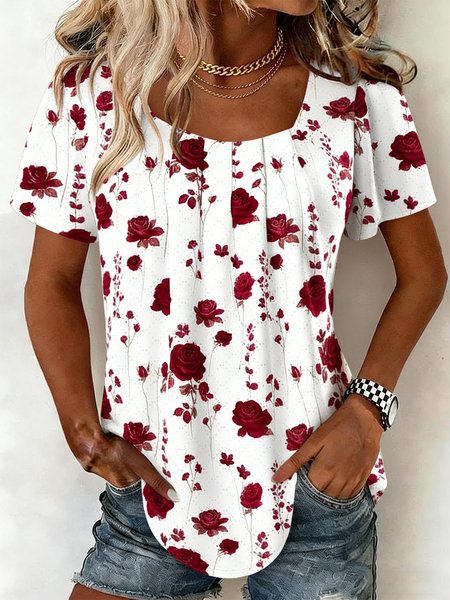 

Elegant Floral Square Neck Short Sleeve T-shirt, Wine red, T-shirts