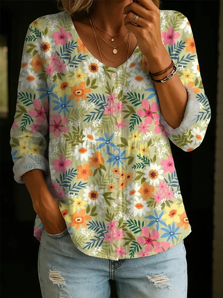 

V Neck Long Sleeve Floral Printing Regular Micro-Elasticity Regular Fit Blouse For Women, As picture, Blouses