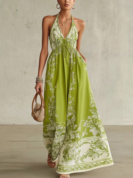 

Vacation Floral Printing Spaghetti Maxi Dress, Green, Maxi Dresses