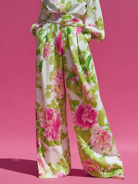 

Urban Floral Pockets Wide Leg Pants No Belt, Pink, Pants